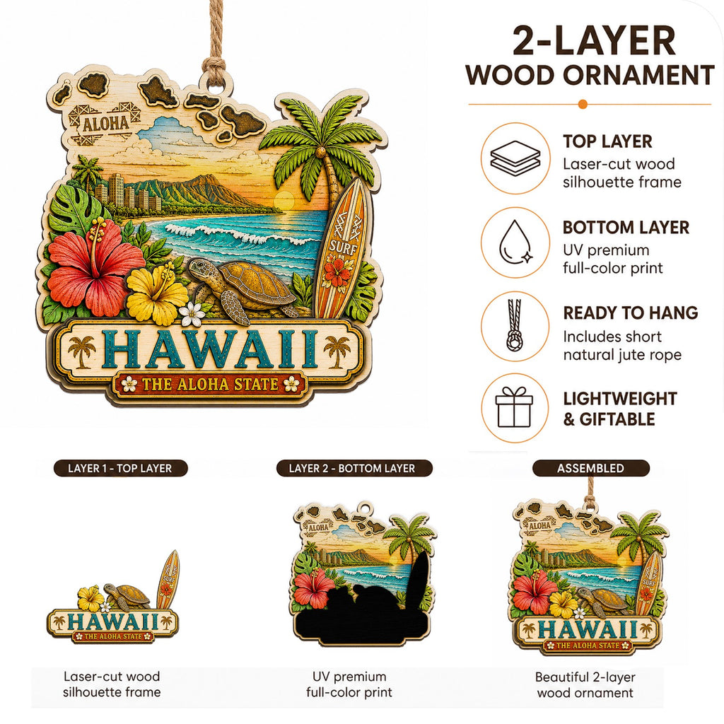 Hawaii Christmas Ornament, Aloha Tropical Island Souvenir Gift, Wood Hanging Tree Decoration