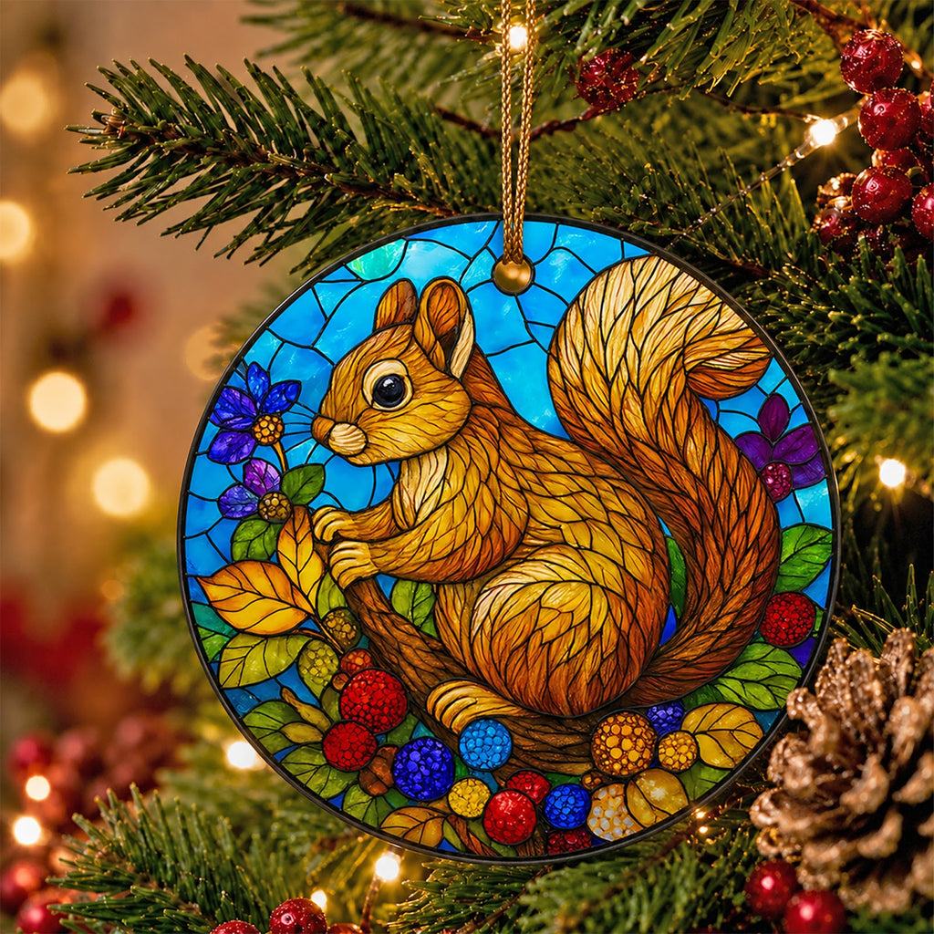Squirrel Christmas Ornament, Stained Glass Woodland Gift, Ceramic Hanging Tree Decoration