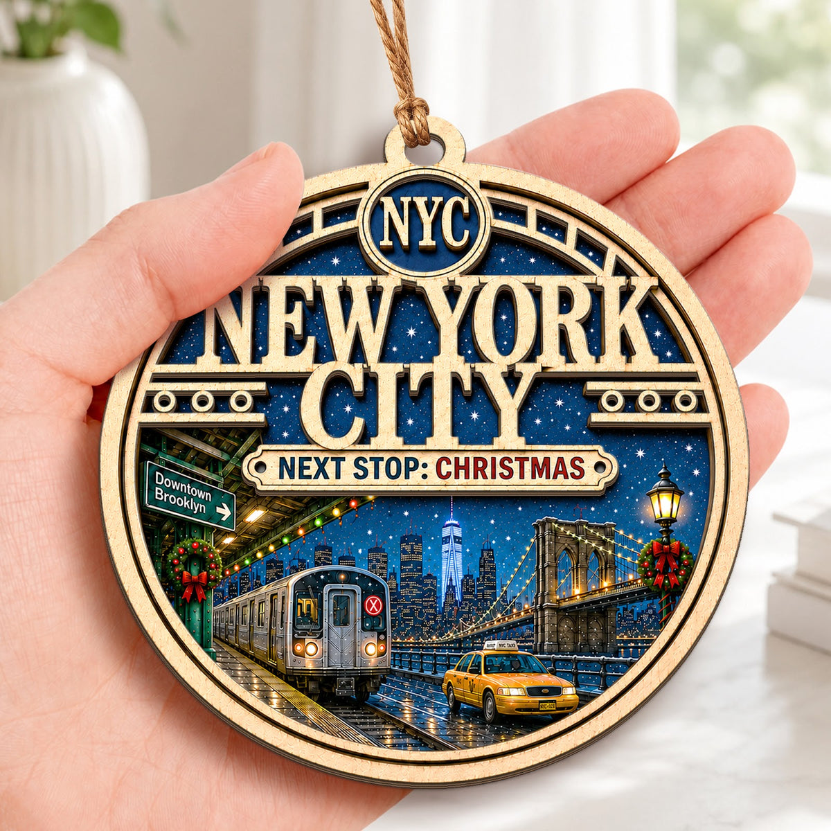 New York City Christmas Ornament, Manhattan Skyline Travel Souvenir Gift, Wood Tree Decoration