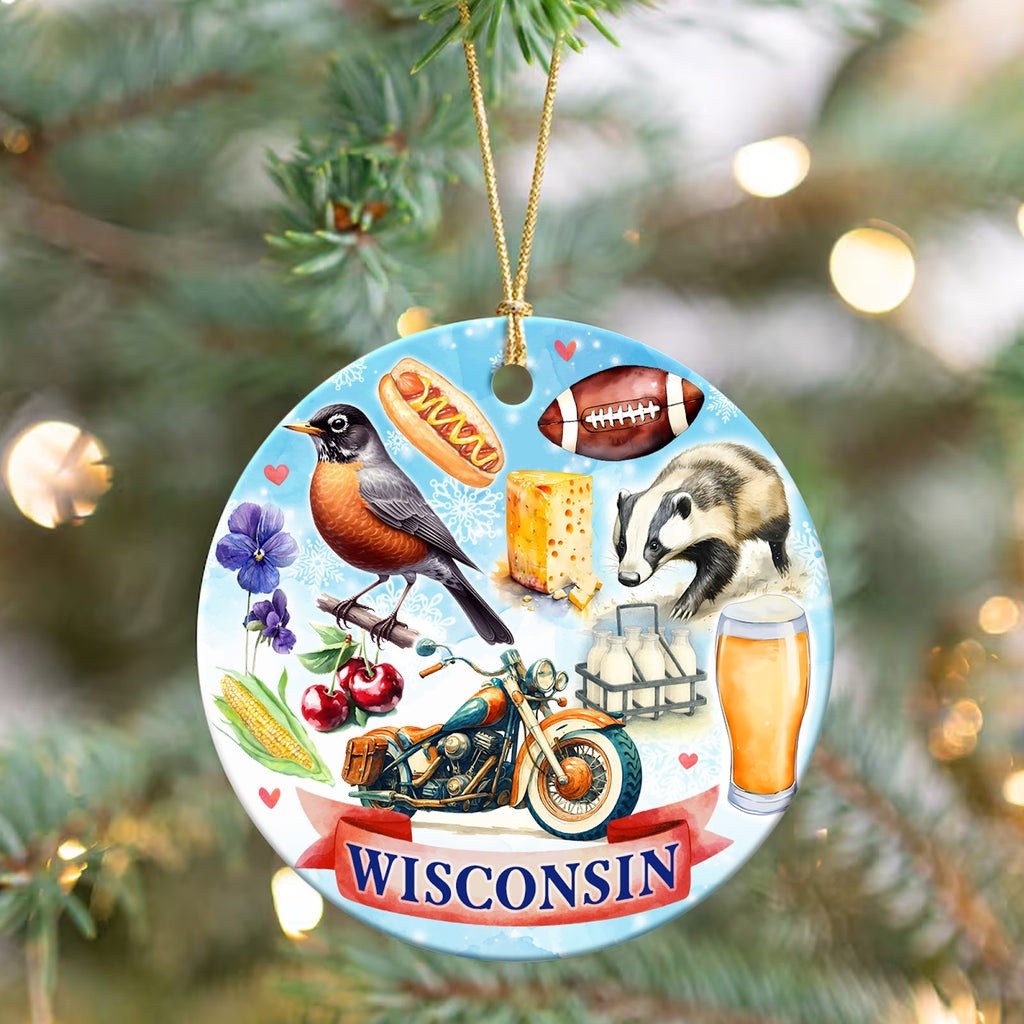Wisconsin Christmas Ornament, State Souvenir Keepsake, Ceramic Hanging Tree Decoration