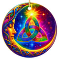Rainbow Trinity Knot Cradled in a Golden Crescent Moon. Ceramic Keepsake for Wiccan, Pagan and Celtic Decor.