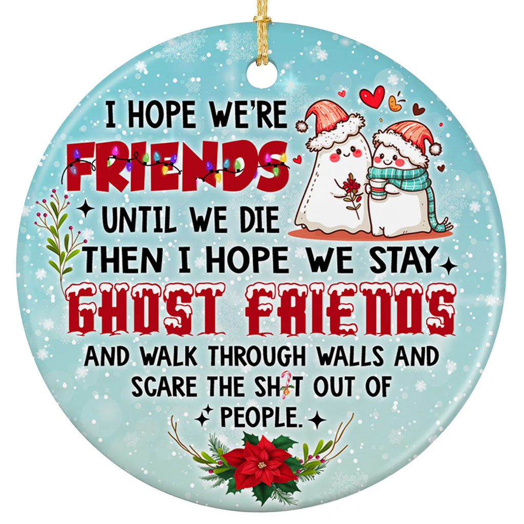 Two Smiling Ghosts in Red Winter Hats With a Flower and a Heart on Teal. Ceramic Novelty Keepsake.