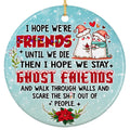Two Smiling Ghosts in Red Winter Hats With a Flower and a Heart on Teal. Ceramic Novelty Keepsake.