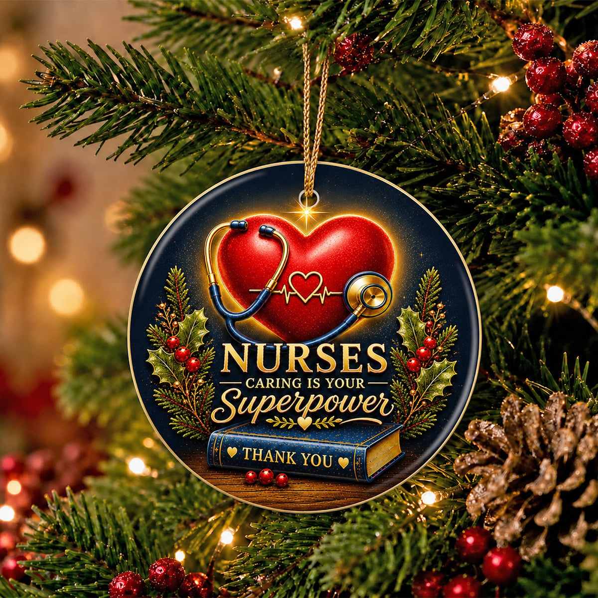 Nurses Caring Is Your Superpower Christmas Ornament, Nurse Thank You Gift, Ceramic Ornament