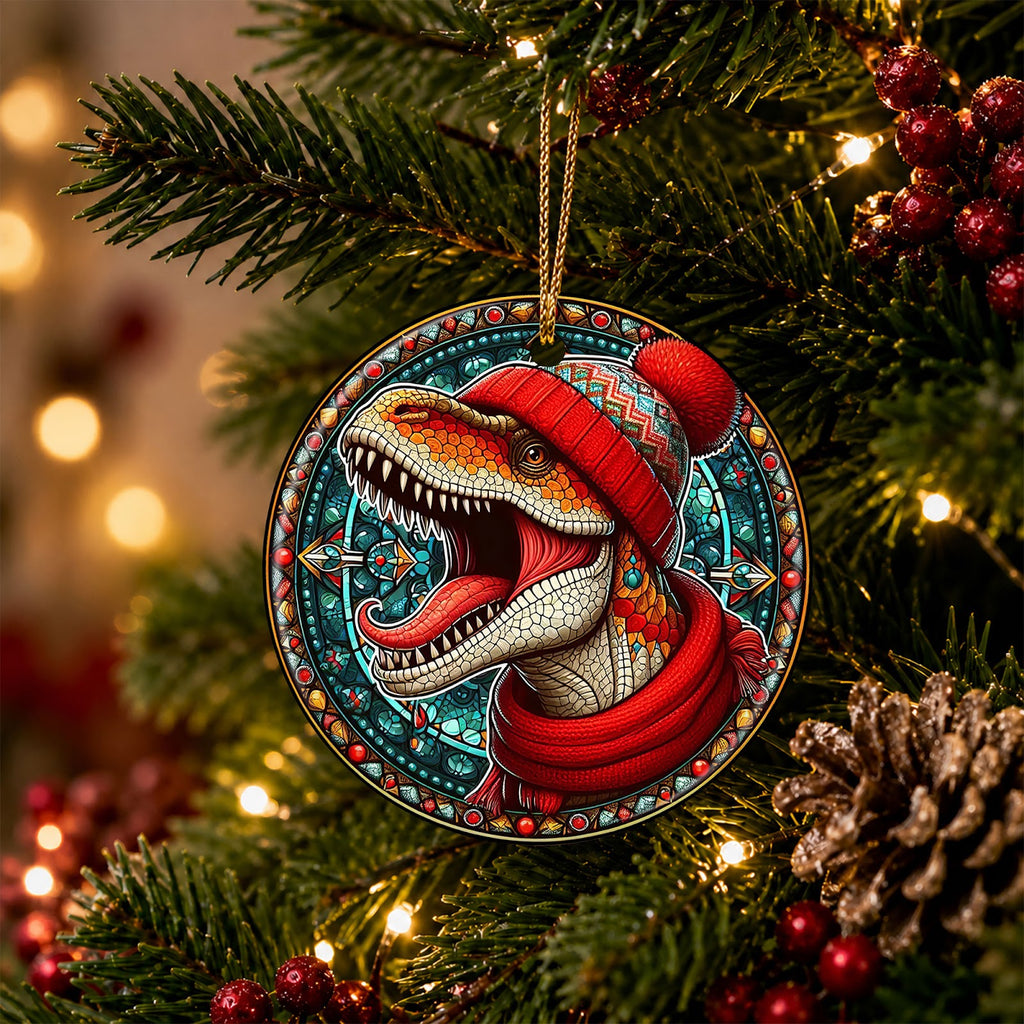Dinosaur Christmas Ornament, Stained Glass T Rex Gift, Ceramic Hanging Tree Decoration