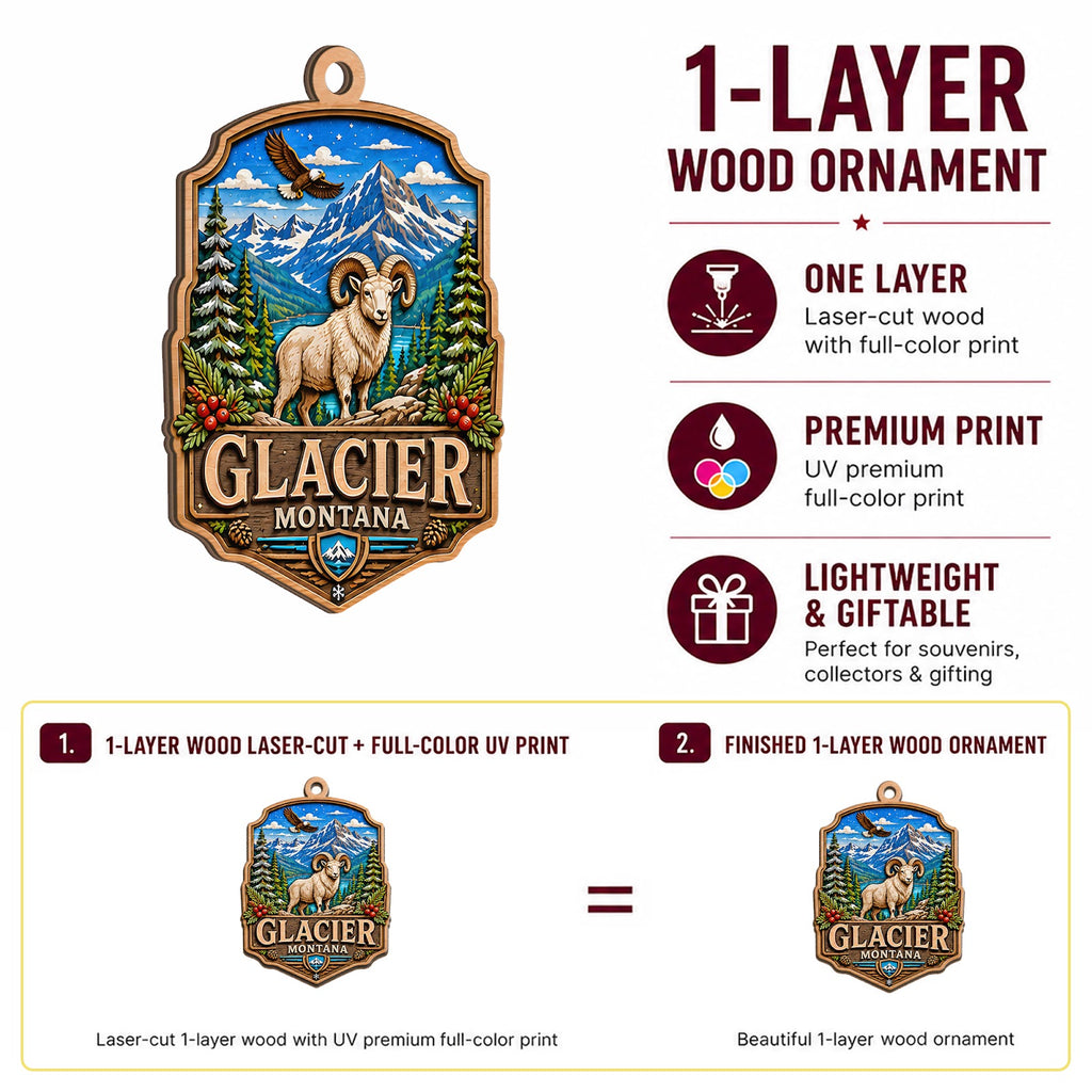 Glacier National Park Christmas Ornament, Montana Alpine Hiker Souvenir Gift, Wood Ornament