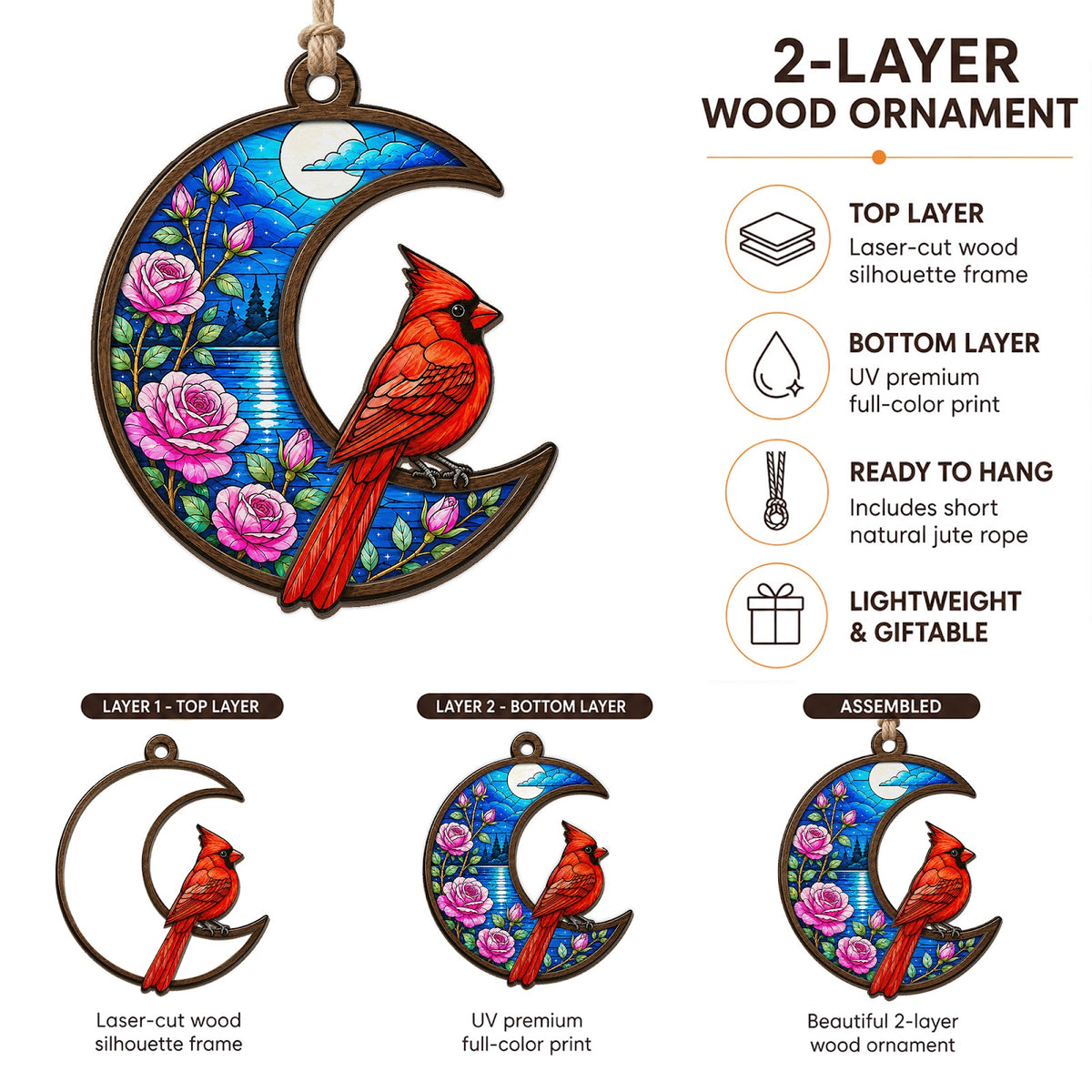 Cardinal Moon Christmas Ornament, Bird Lover Holiday Gift, Wood Hanging Tree Decoration