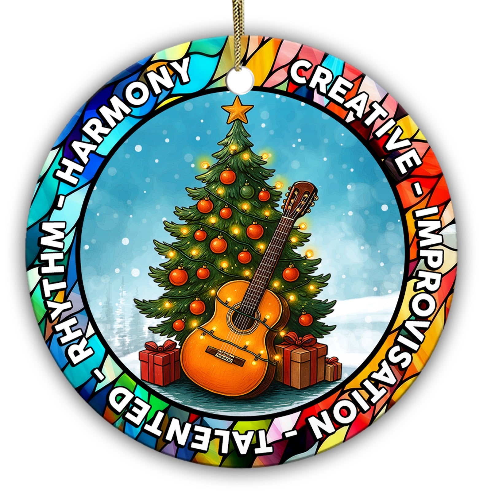 Golden Guitar Leaning on a Lit Tree Inside a Mosaic Glass Border. Ceramic Keepsake for Music Lovers.