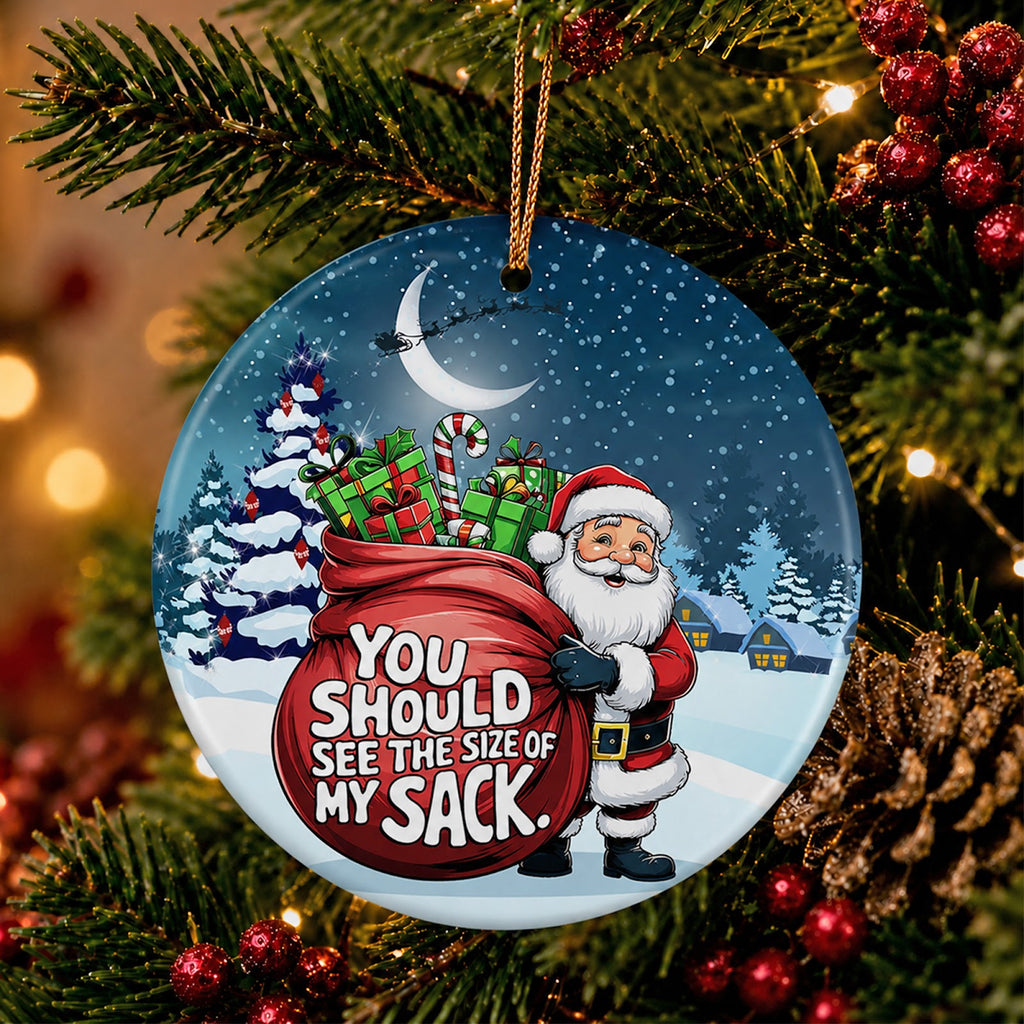 Funny Santa Christmas Ornament, Cheeky Gift Sack Novelty, Ceramic Hanging Tree Decoration