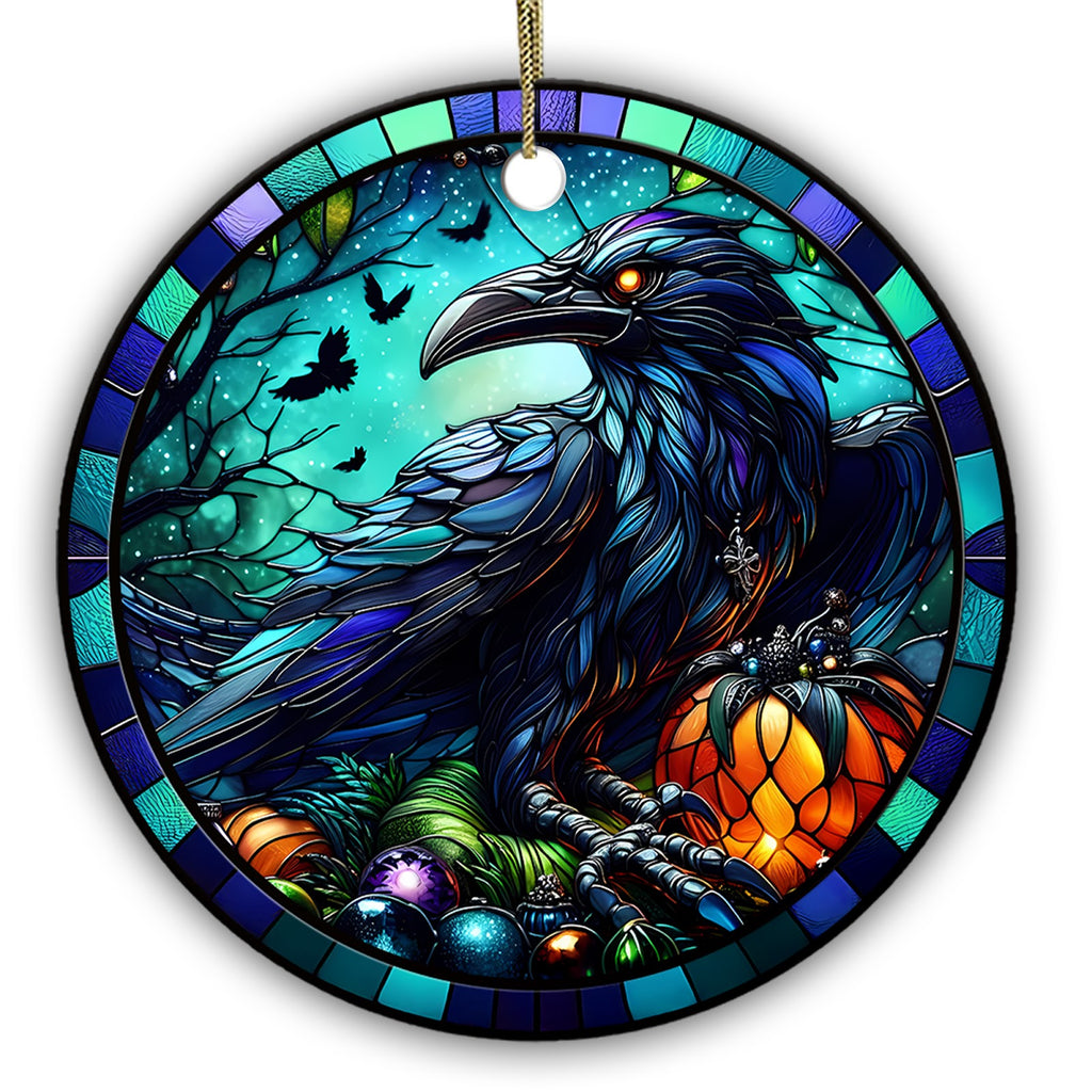 Iridescent Raven on a Moonlit Branch With a Glowing Pumpkin Below. Ceramic Keepsake for Gothic Year-Round Decor.