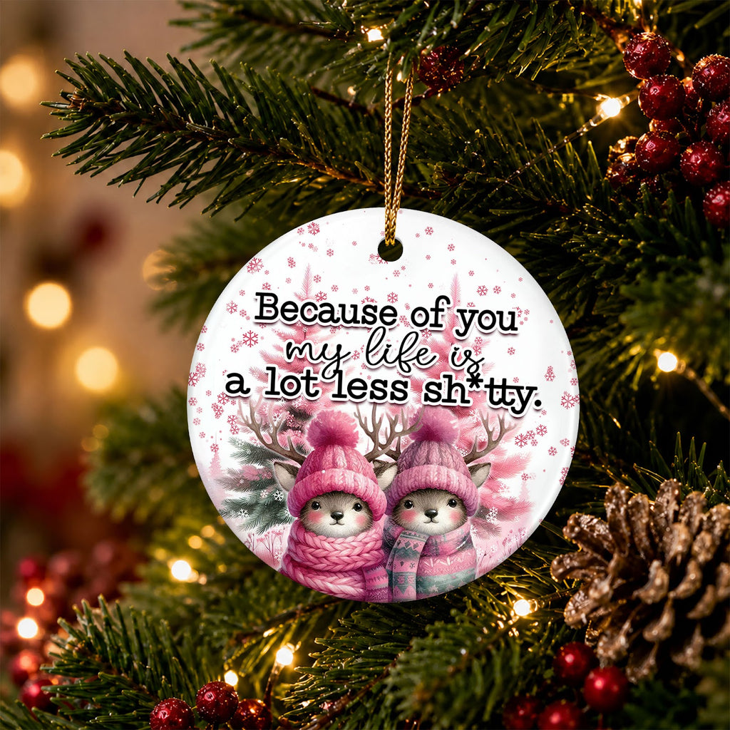 Best Friend Christmas Ornament, Snarky Pink Deer Bestie Gift Idea, Ceramic Tree Decoration