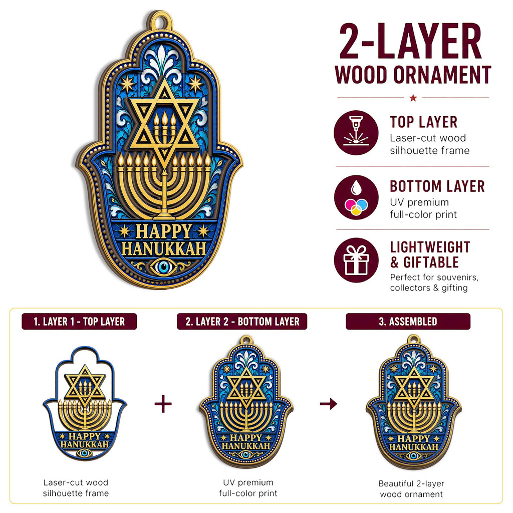 Happy Hanukkah Jewish Menorah Christmas Ornament, Menorah Festival Keepsake, Wood Ornament