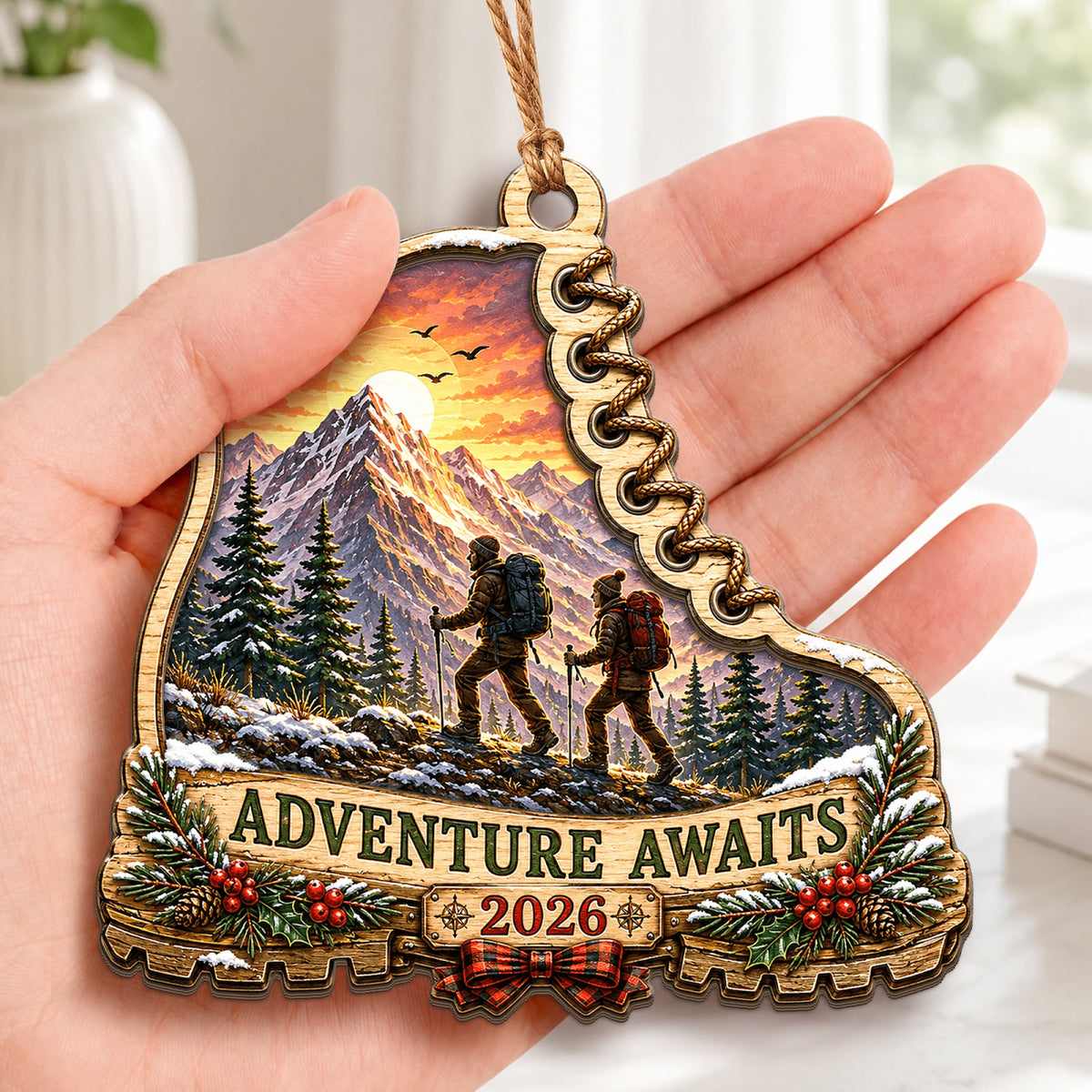 Hiking Mountain Trail Adventure Christmas Ornament, Stocking Stuffer For Hiker, Wood Ornament