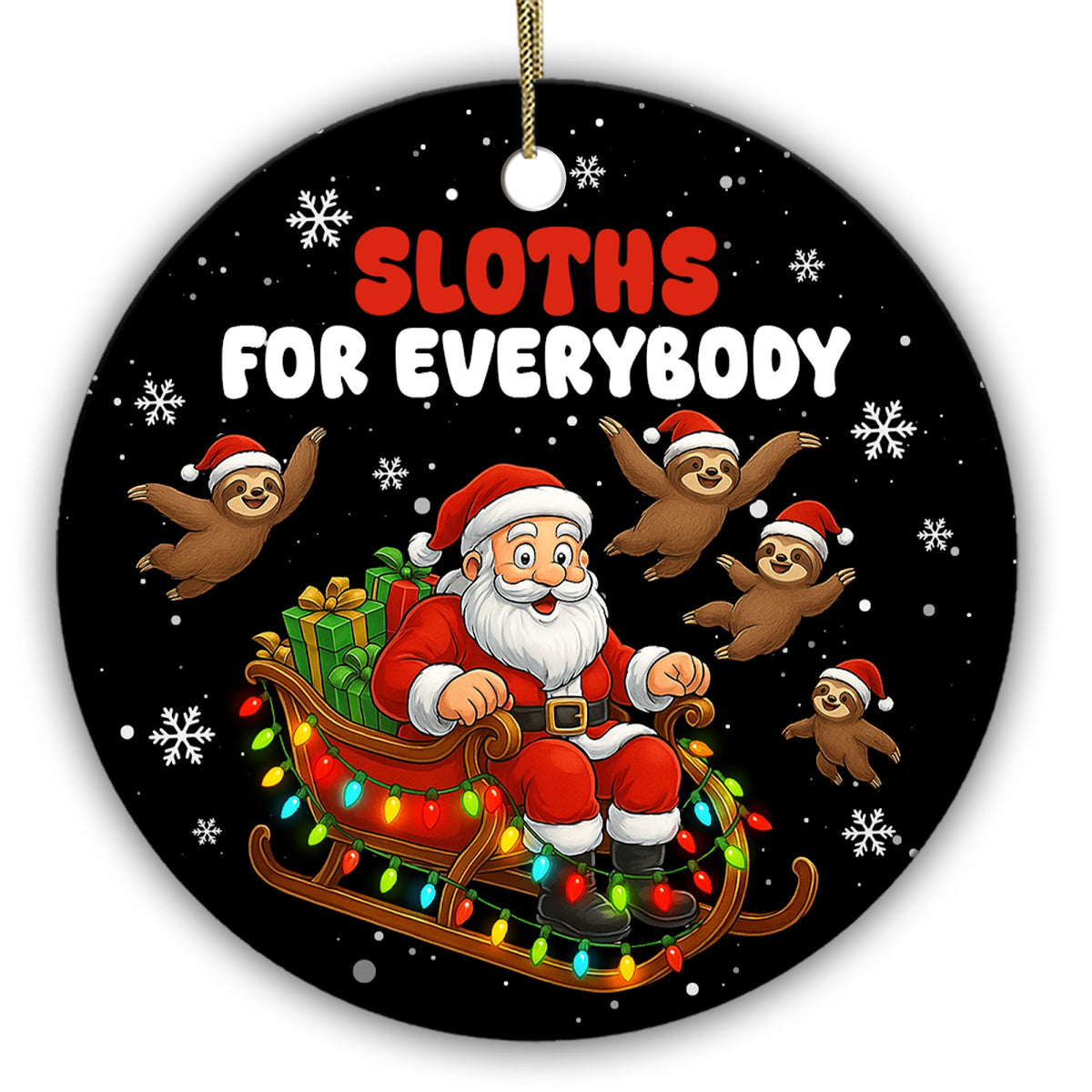 Four Sloths in Tiny Santa Hats Drifting Around a Loaded Sleigh. Ceramic Keepsake for Sloth-Obsessed Teens.