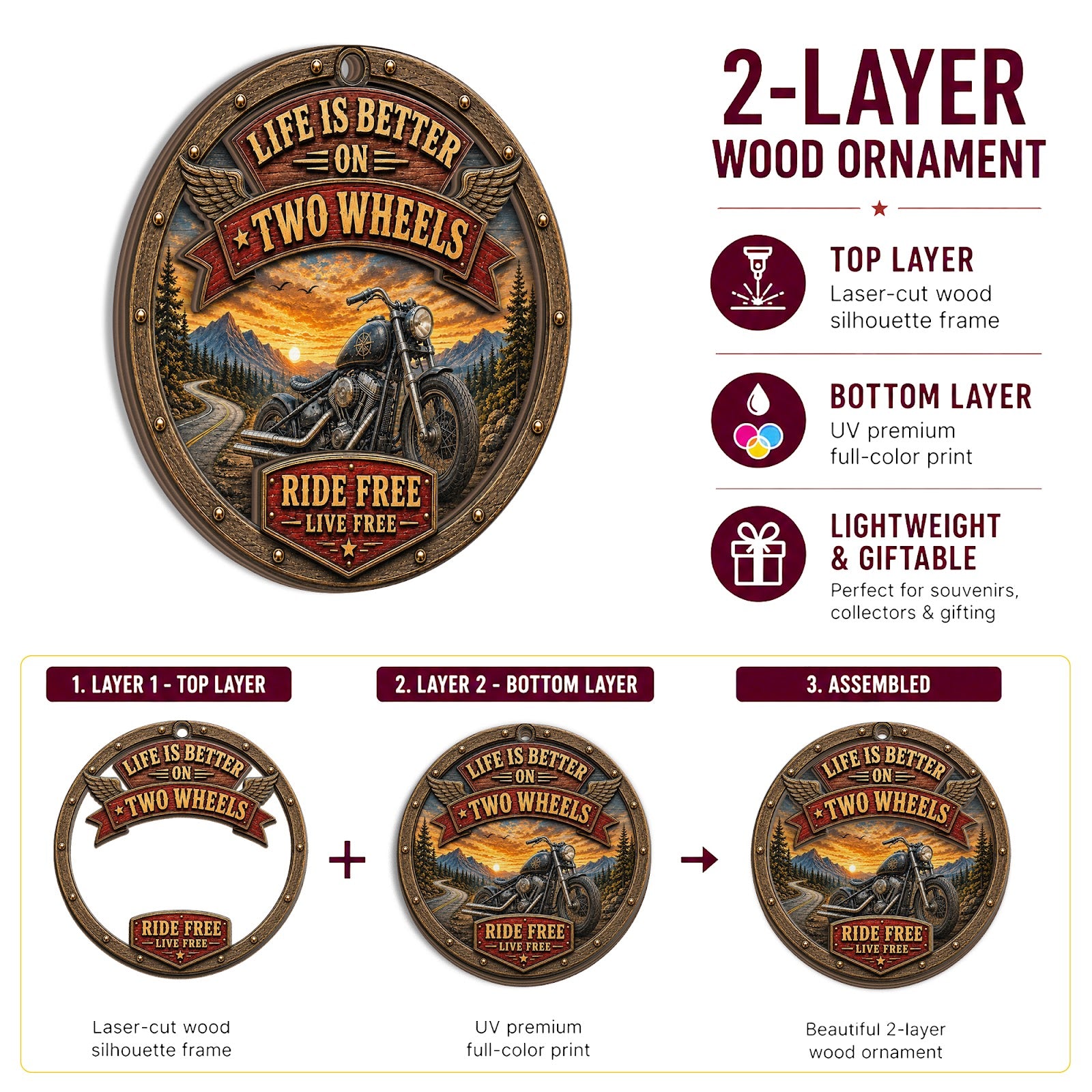 Biker Life Motorcycle Ride Free Christmas Ornament, Ride Free Keepsake, Wood Tree Decoration