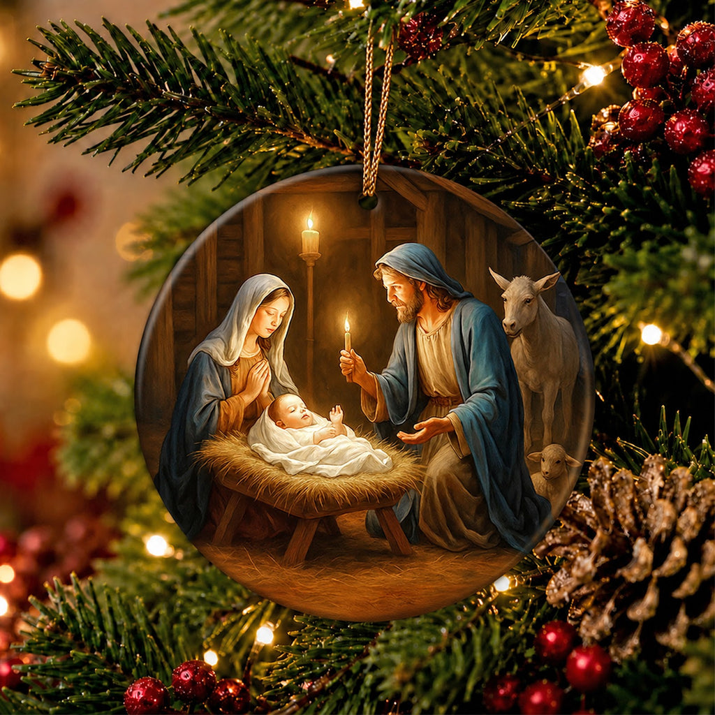 Nativity Christmas Ornament, Painted Manger Scene Faith Gift, Ceramic Hanging Tree Decoration
