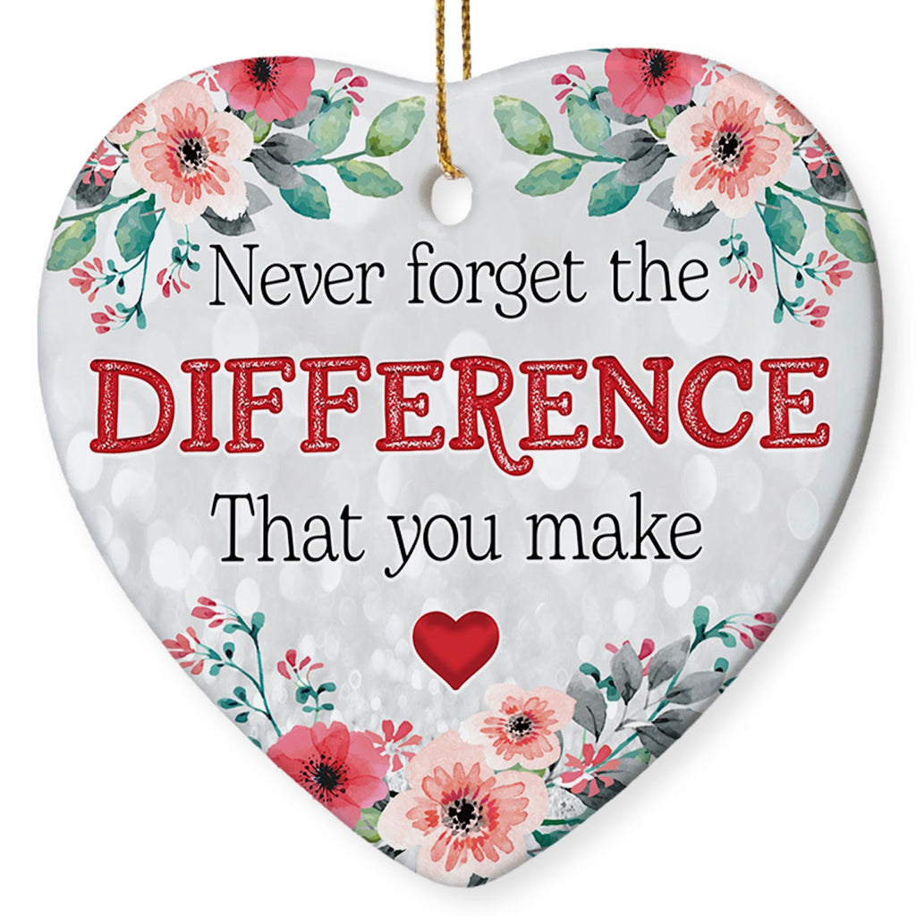 Heart Shaped Ceramic on Silver Glitter Bordered by Pink and Coral Watercolor Flowers. Keepsake Ornament.