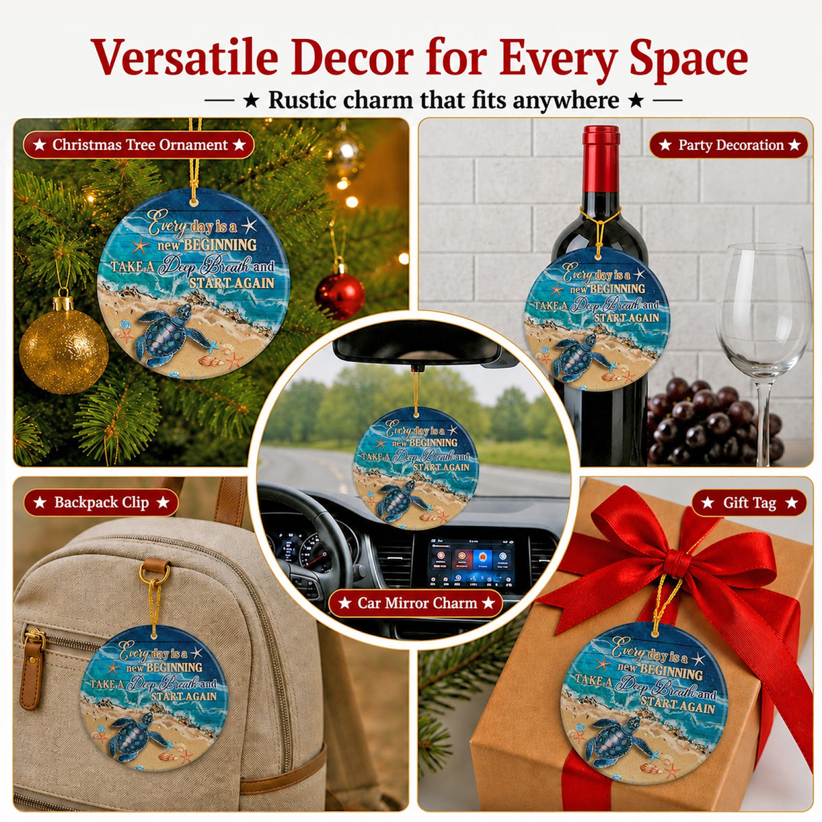 Sea Turtle Christmas Ornament, Beach Inspirational Coastal Gift, Ceramic Tree Decoration