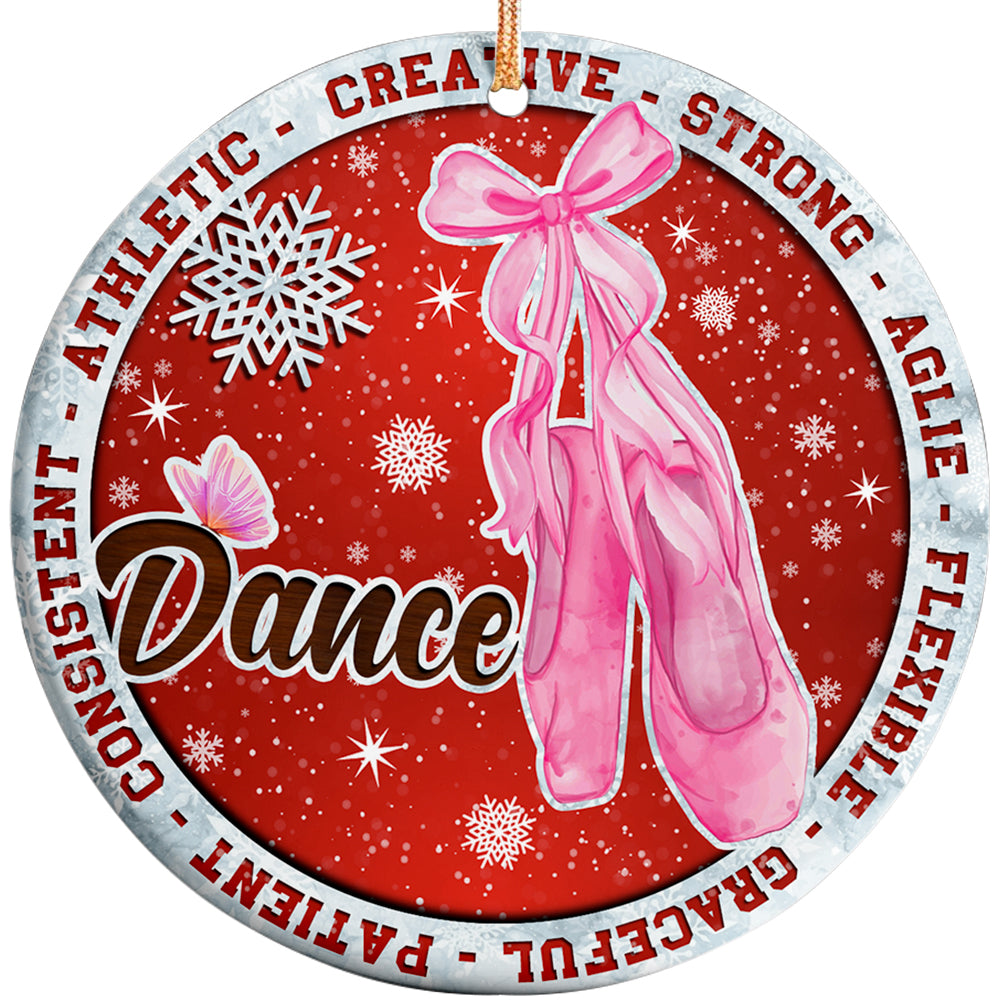 Pink Pointe Shoes Hanging by Satin Ribbons on Deep Red, Ringed by Spirit Words. Ceramic Keepsake for Dancers.