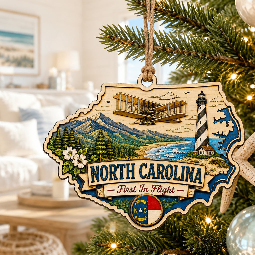 North Carolina Christmas Ornament, Blue Ridge and Outer Banks Souvenir Gift, Wood Ornament