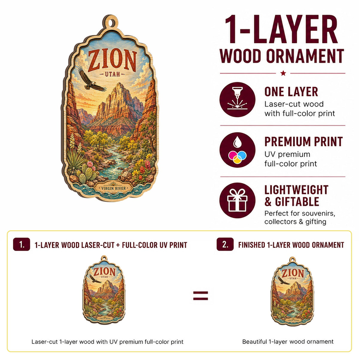 Zion National Park Christmas Ornament, Utah Canyon and Trail Hiker Gift, Wood Tree Decoration