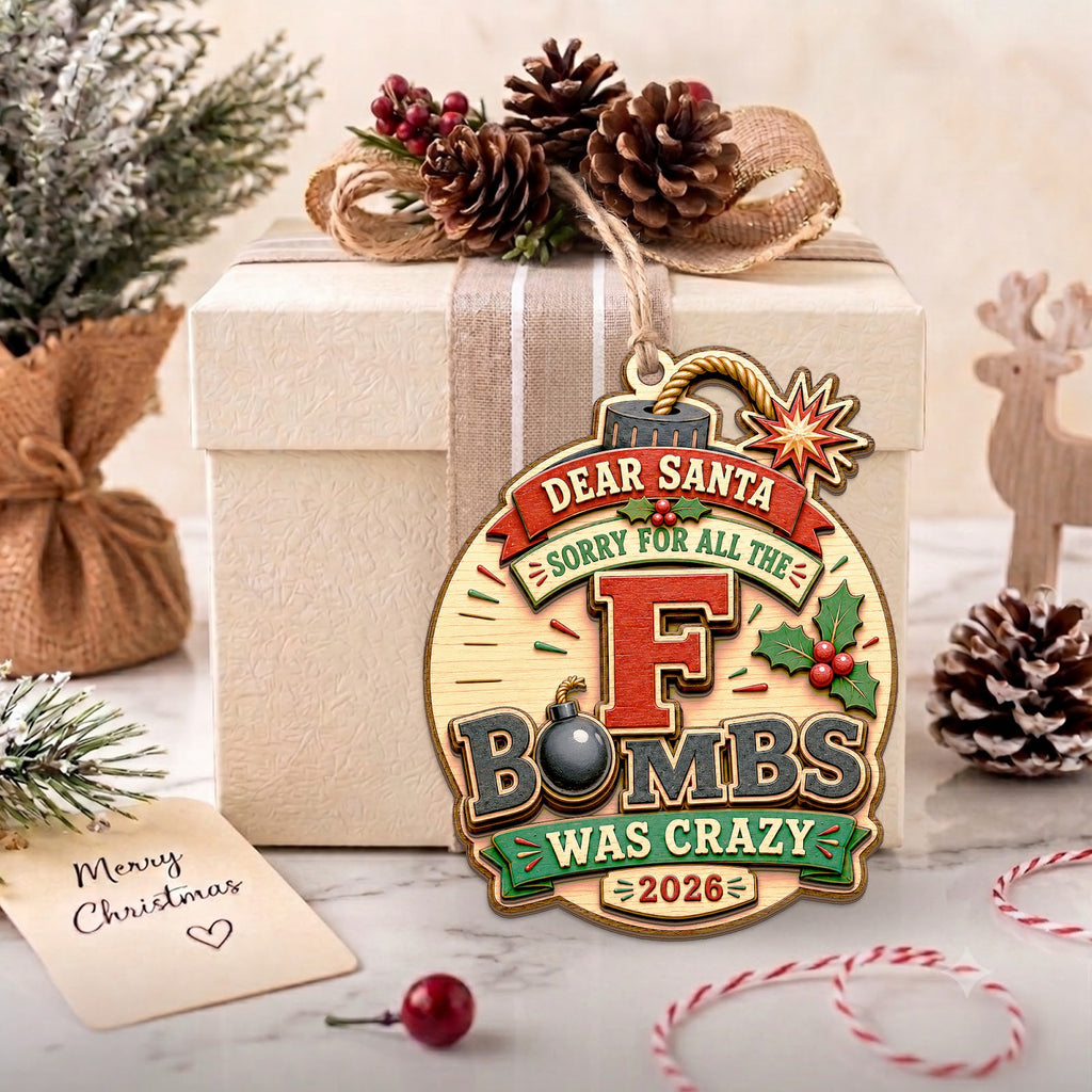 F Bomb Funny Humor Novelty Christmas Ornament, Edgy Profanity Keepsake, Wood Tree Decoration