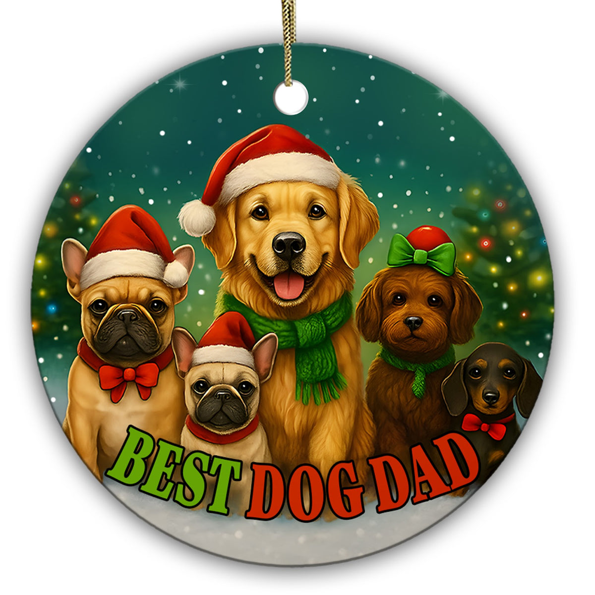 Five Dogs in Hats and Bow Ties Before a Bokeh-Lit Tree. Ceramic Keepsake for Dog Dads and Multi-Dog Homes.
