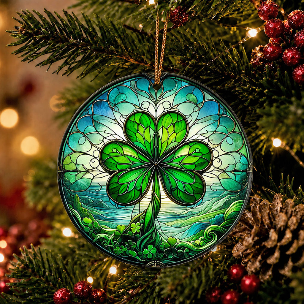 Clover Christmas Ornament, Stained Glass Irish Lucky Gift, Ceramic Hanging Tree Decoration