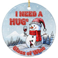 Snowman in a Striped Santa Hat Holding a Big Glass of Red Wine Beside a Bottle. Ceramic Keepsake.