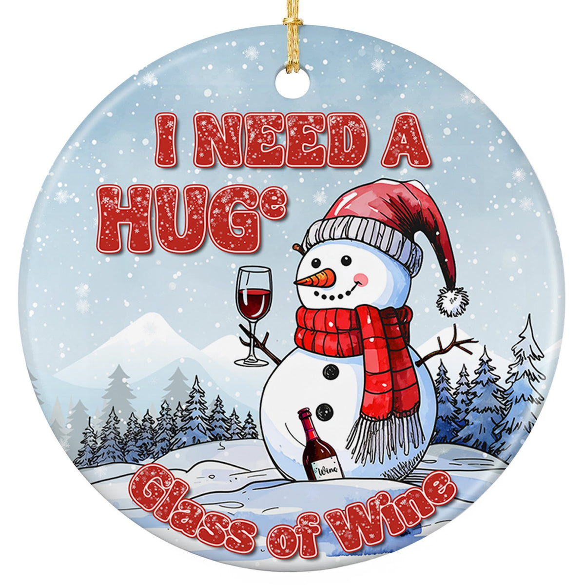 Snowman in a Striped Santa Hat Holding a Big Glass of Red Wine Beside a Bottle. Ceramic Keepsake.