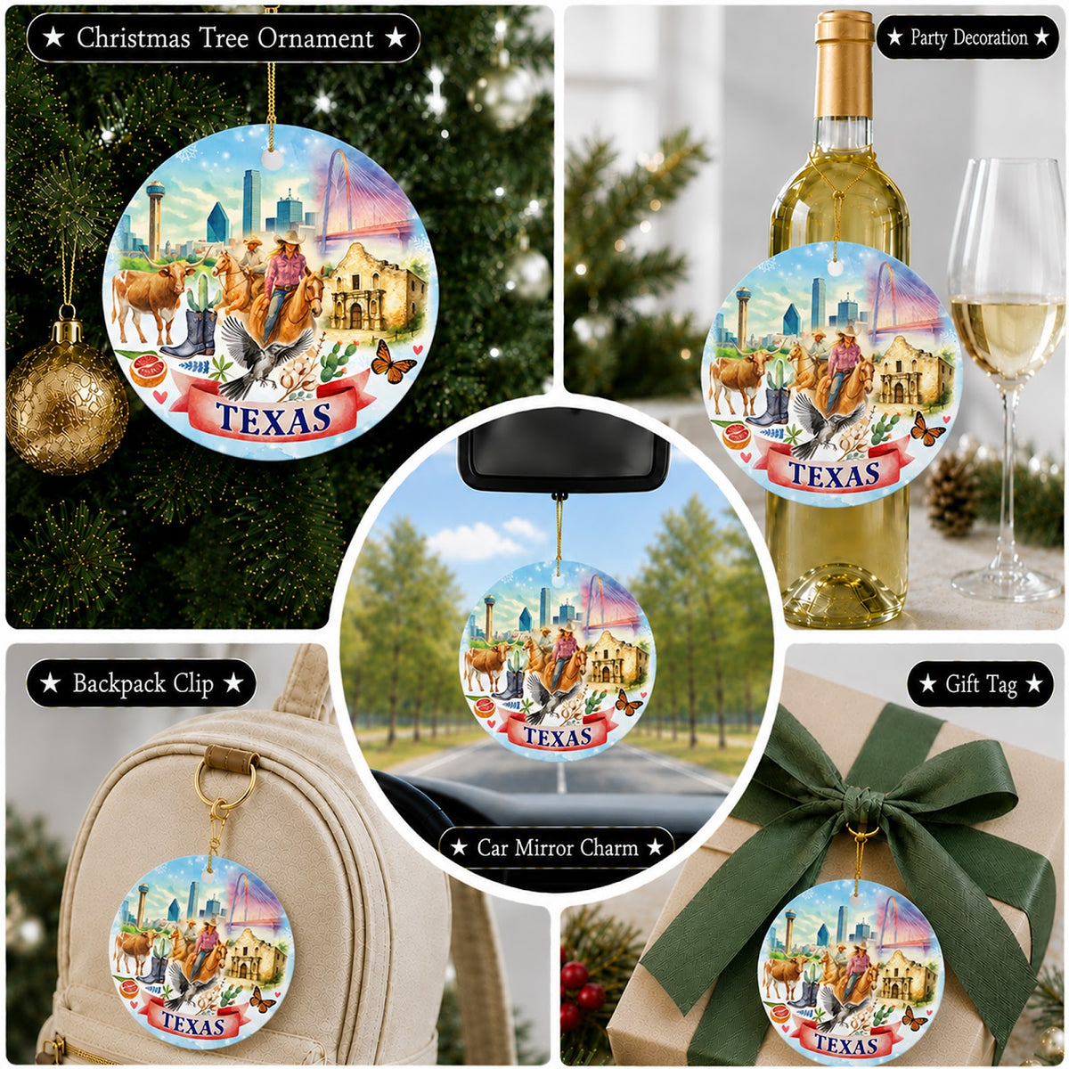 Texas Christmas Ornament, State Souvenir Keepsake Gift, Ceramic Hanging Tree Decoration