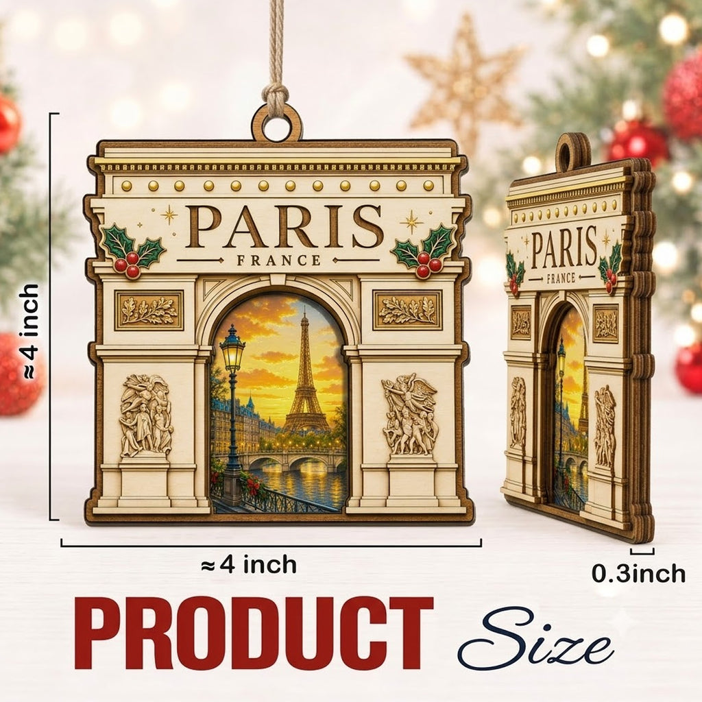 Arc de Triomphe Christmas Ornament, Paris France Travel Souvenir Gift, Wood Tree Decoration