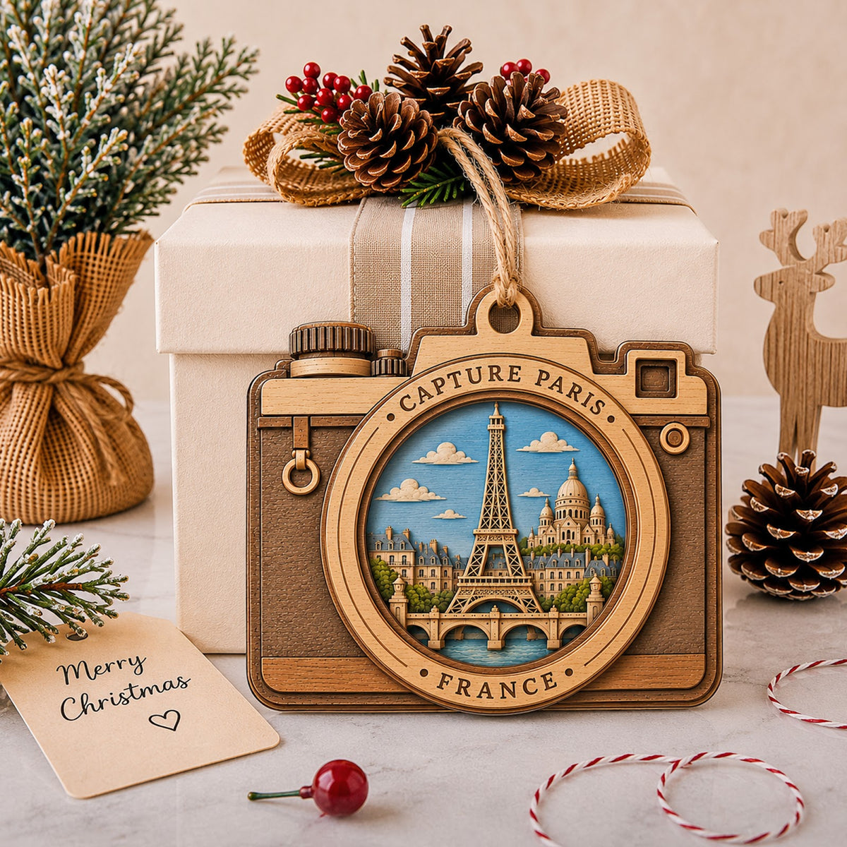 Paris Camera Christmas Ornament, Eiffel Tower Photographer Travel Gift, Wood Tree Decoration