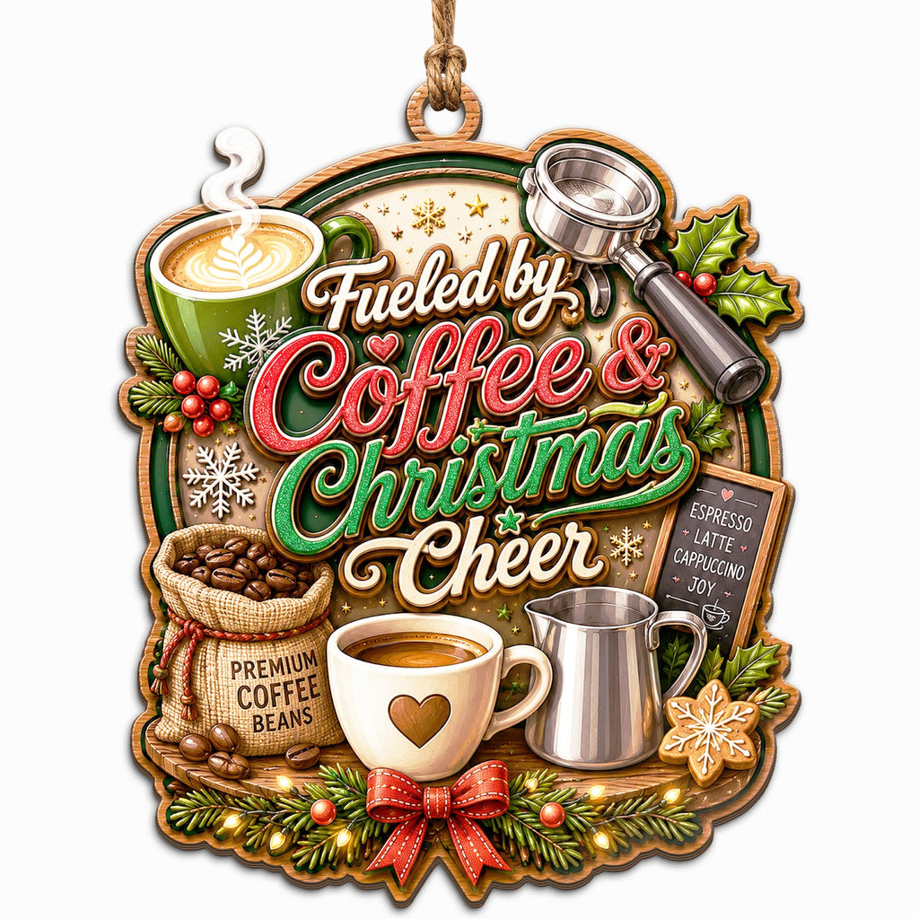 Shows a Latte Mug, Espresso Tools, and Fueled by Coffee Christmas Cheer Text. Festive Gift for Baristas and Coffee Lover
