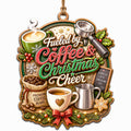 Shows a Latte Mug, Espresso Tools, and Fueled by Coffee Christmas Cheer Text. Festive Gift for Baristas and Coffee Lover