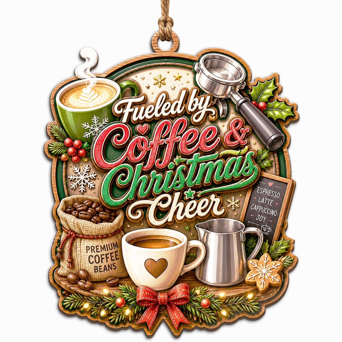 Shows a Latte Mug, Espresso Tools, and Fueled by Coffee Christmas Cheer Text. Festive Gift for Baristas and Coffee Lover