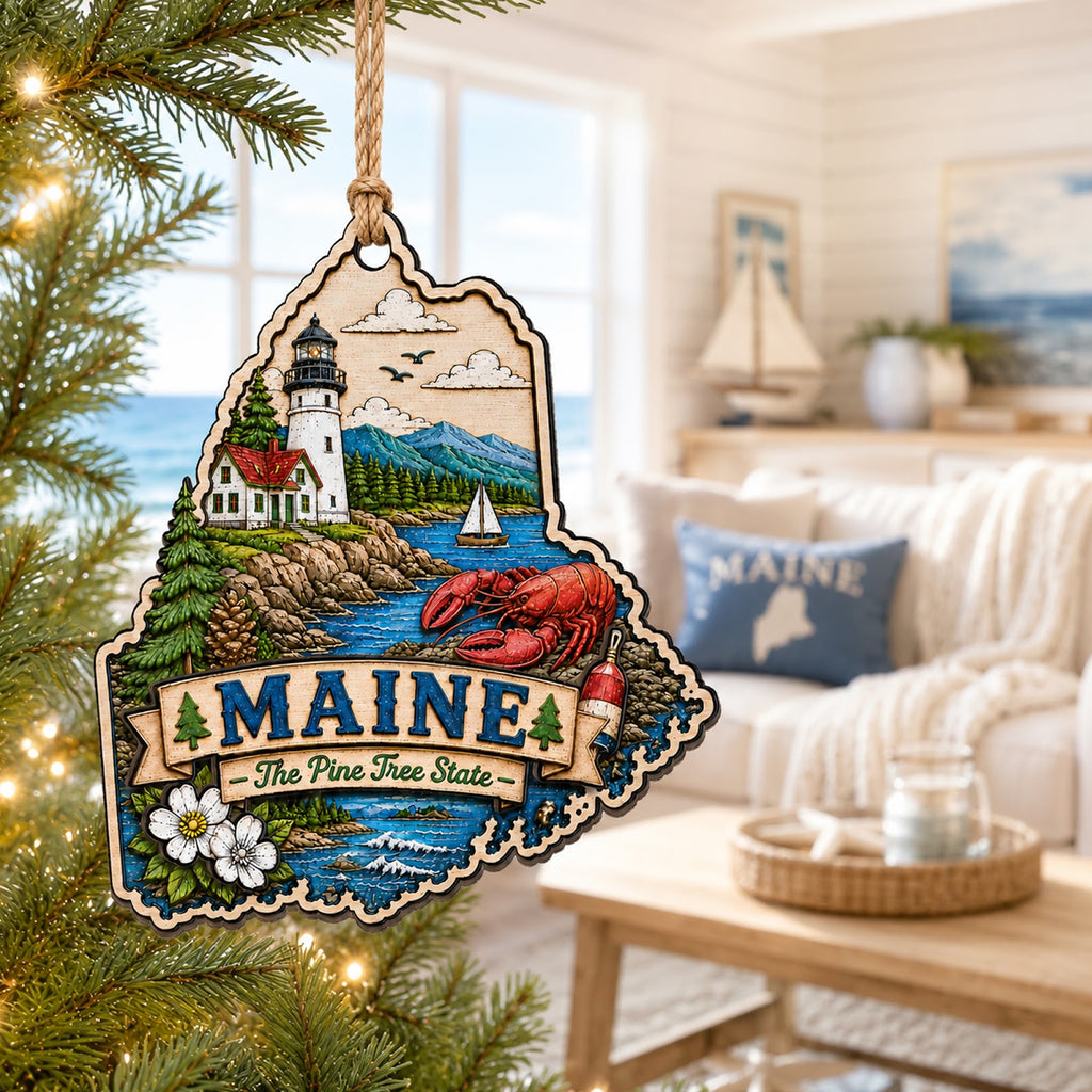Maine Christmas Ornament, Lighthouse and Lobster Souvenir Gift, Wood Hanging Tree Decoration