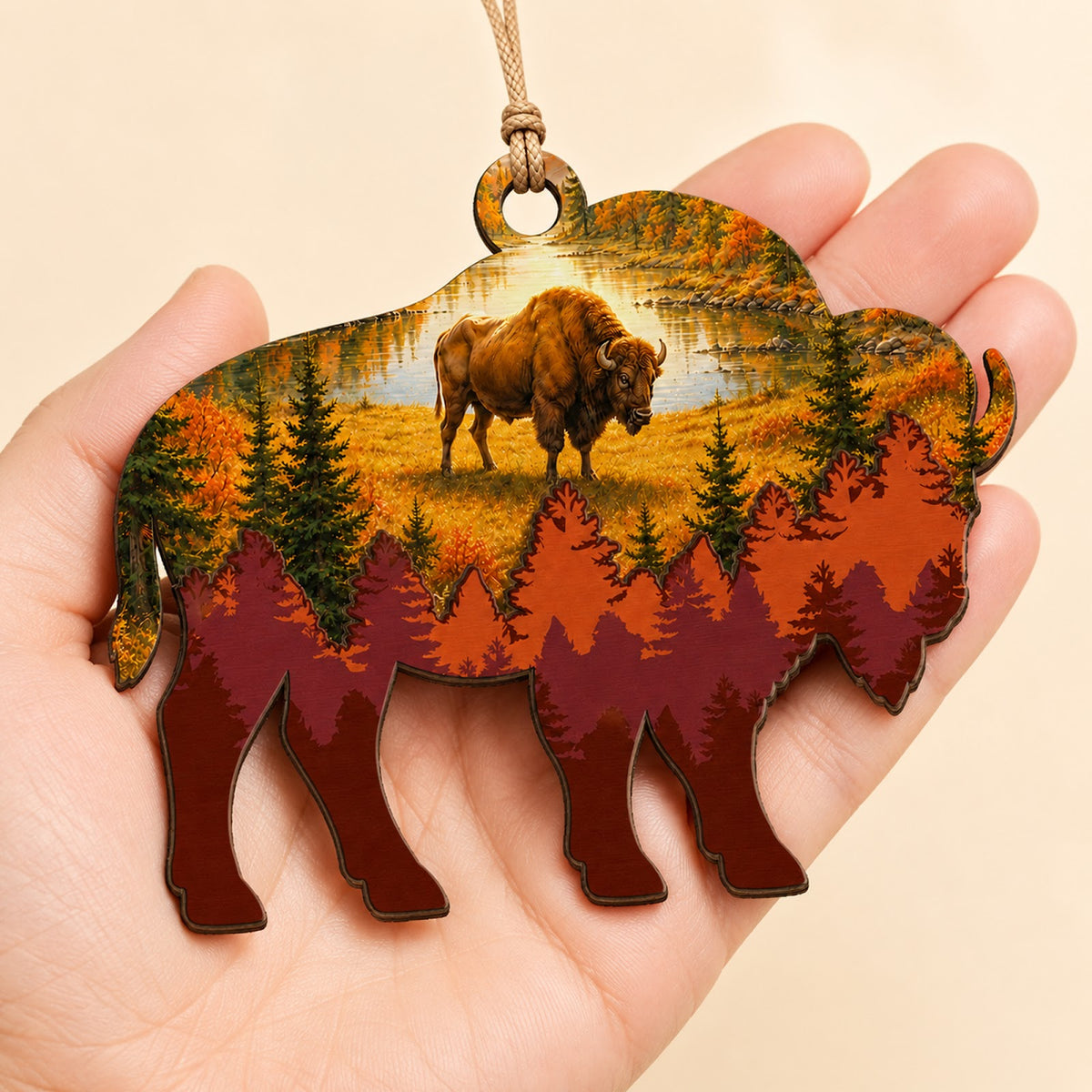 Buffalo Christmas Ornament, Stocking Stuffer For Wildlife Fan, Wood Hanging Tree Decoration