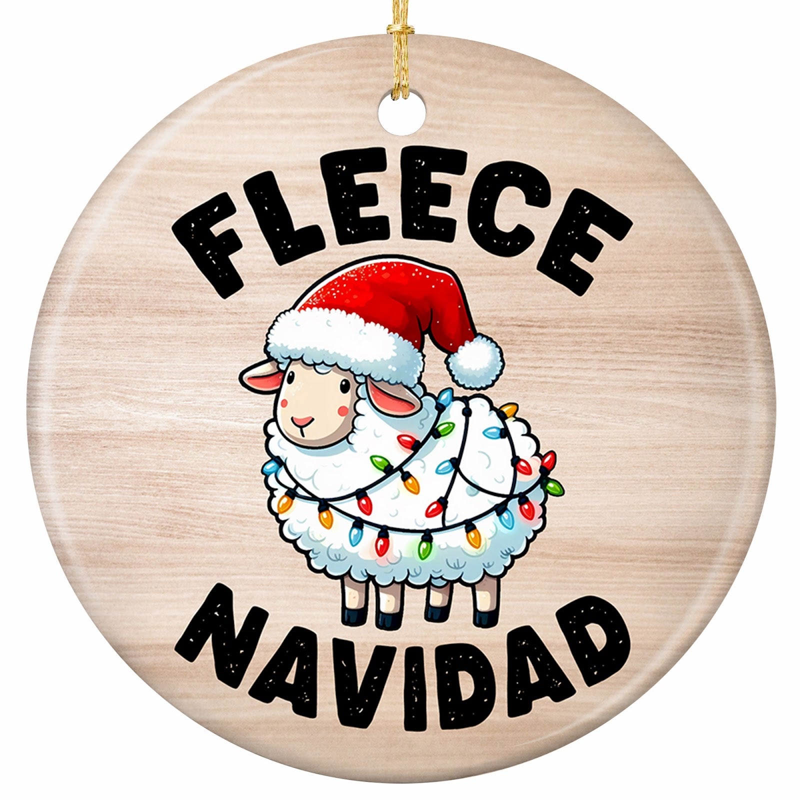 A Fluffy Sheep in a Santa Hat Wrapped Diagonally in Bulb Lights on Natural Woodgrain. Ceramic Keepsake.