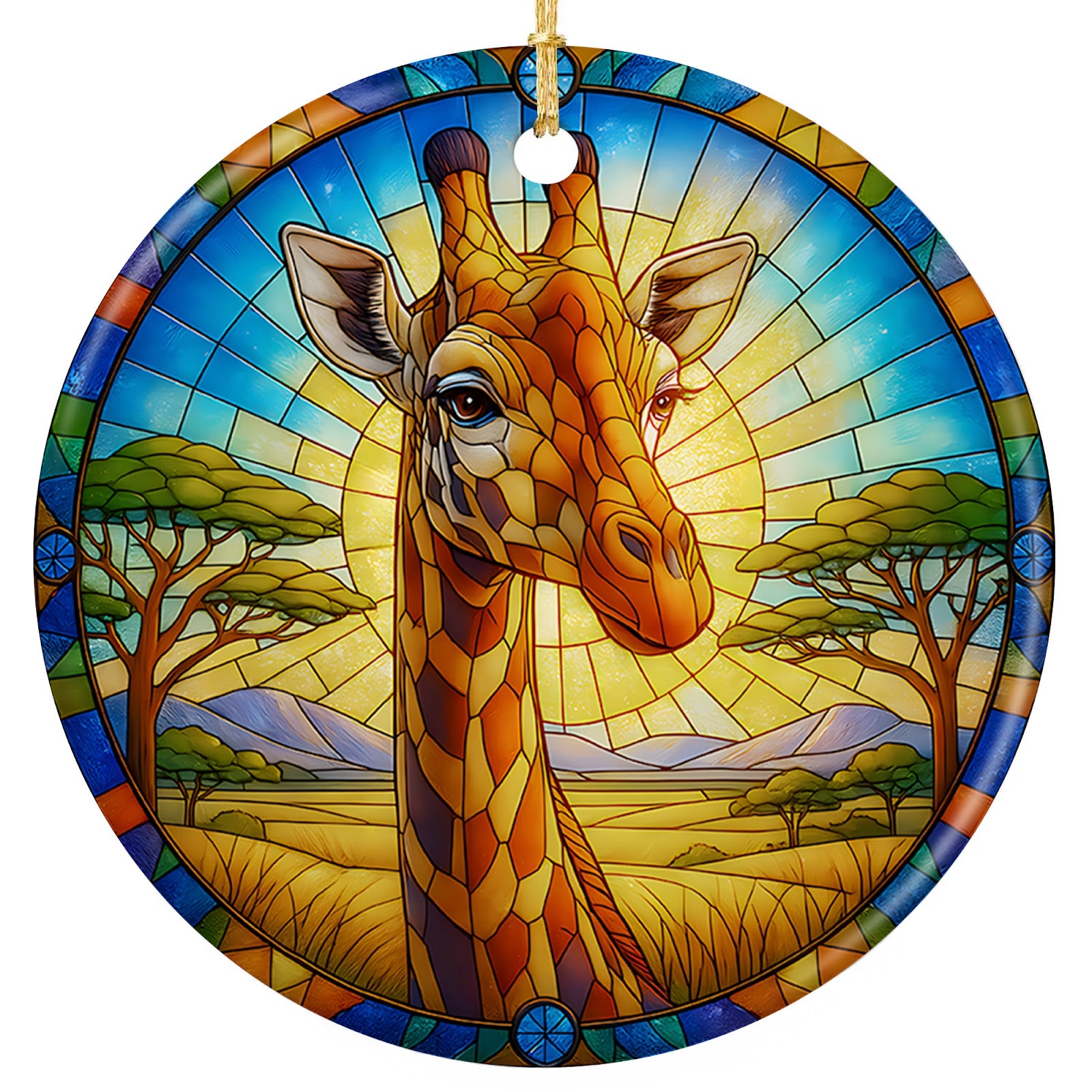 Giraffe Head and Neck in Gold Mosaic Against a Radiant Sunburst. Ceramic Keepsake for Safari Fans.