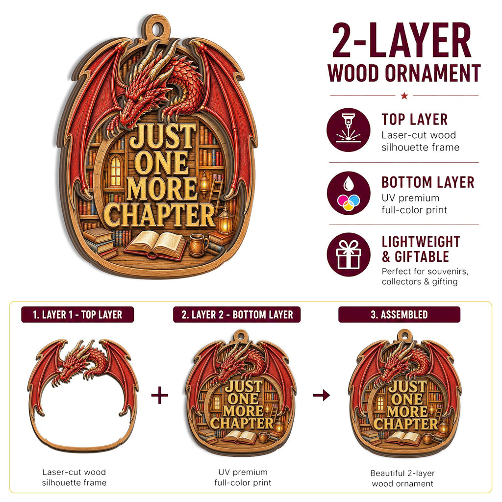 Red Flying Book Dragon Fantasy Christmas Ornament, Flying Dragon Keepsake, Wood Tree Decoration