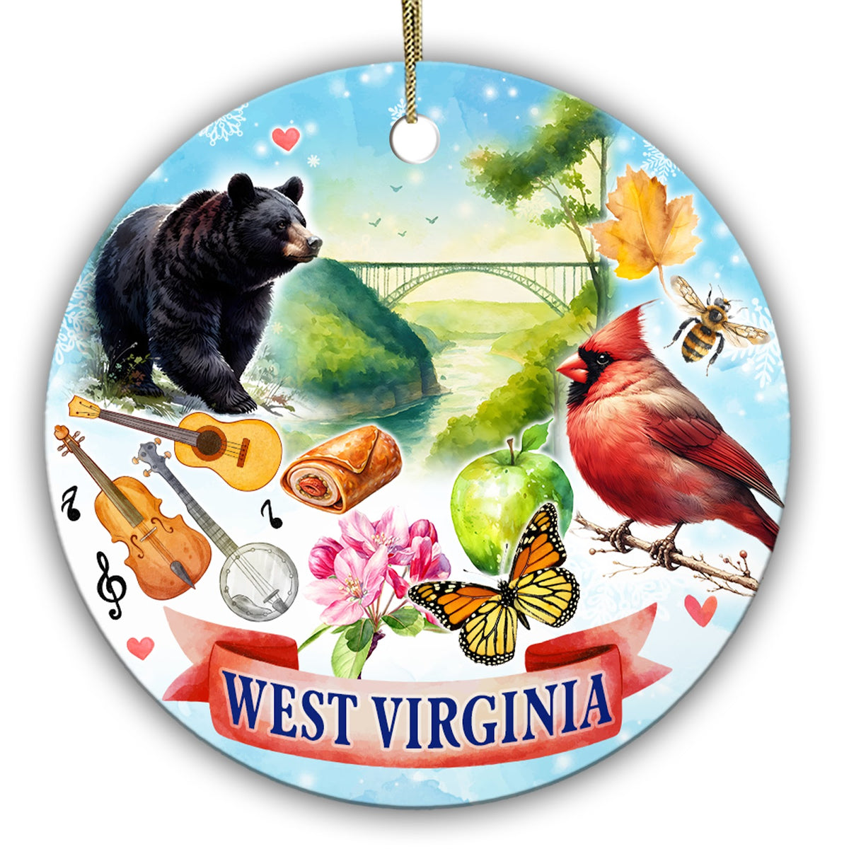 Black Bear, Steel Arch Bridge, Fiddle and Banjo in Watercolor. Ceramic Keepsake for Appalachian Memories.