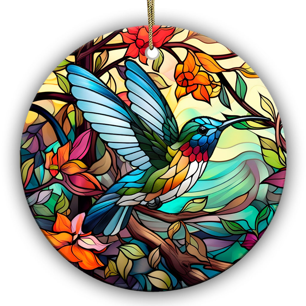 Blue and Green Hummingbird Hovering Among Faceted Glass Blooms. Ceramic Keepsake for Backyard Birders.