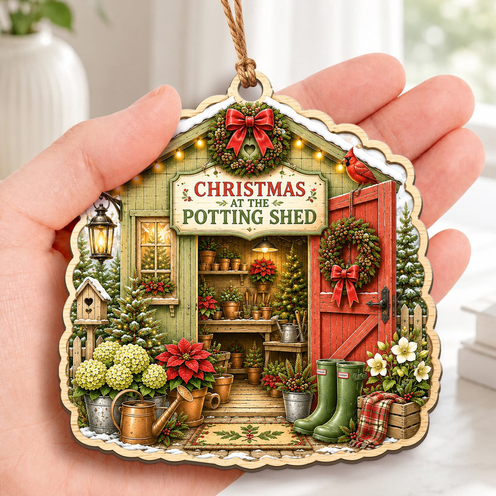 Potting Shed Garden Floral Christmas Ornament, Stocking Stuffer For Gardener, Wood Ornament