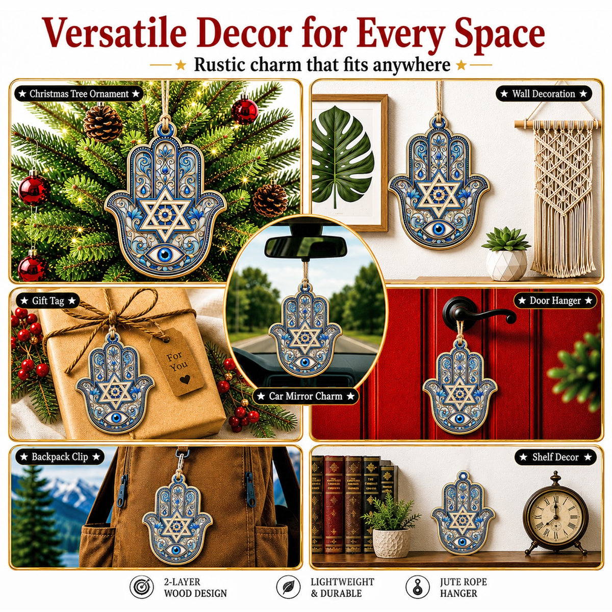 Judaica Protection Hamsa Jewish Christmas Ornament, Hamsa Protection Keepsake, Wood Ornament