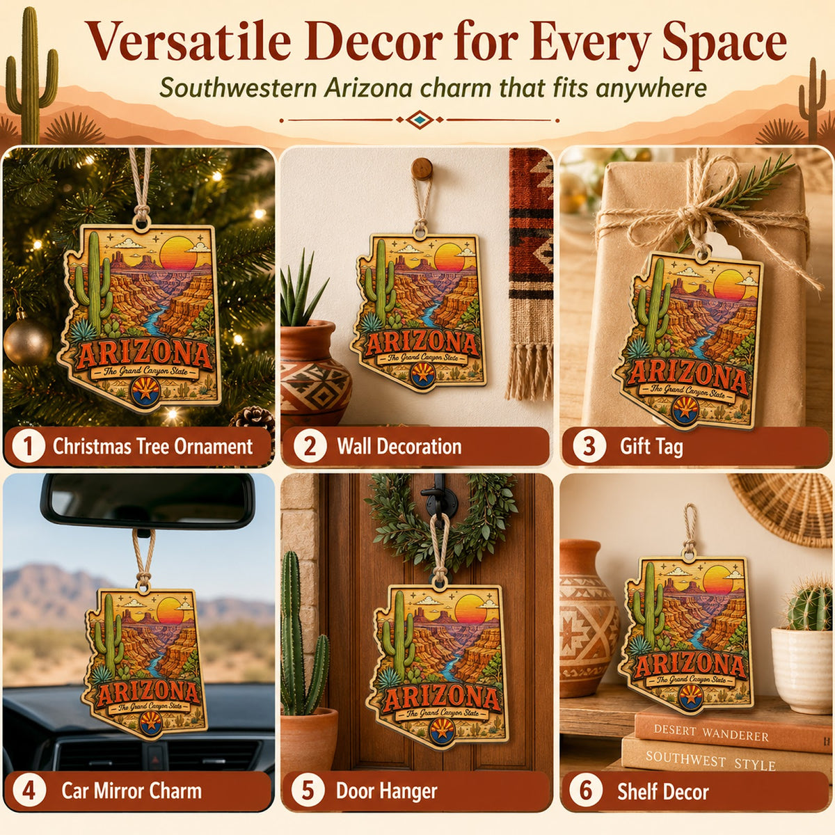 Arizona Christmas Ornament, Saguaro Cactus and Desert Souvenir Gift, Wood Tree Decoration