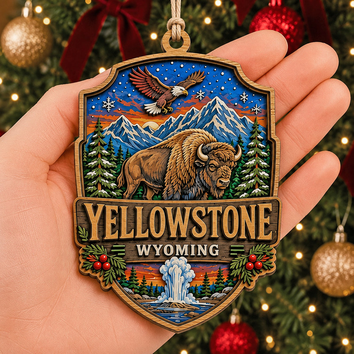 Yellowstone National Park Christmas Ornament, Wyoming Geyser and Bison Gift, Wood Ornament