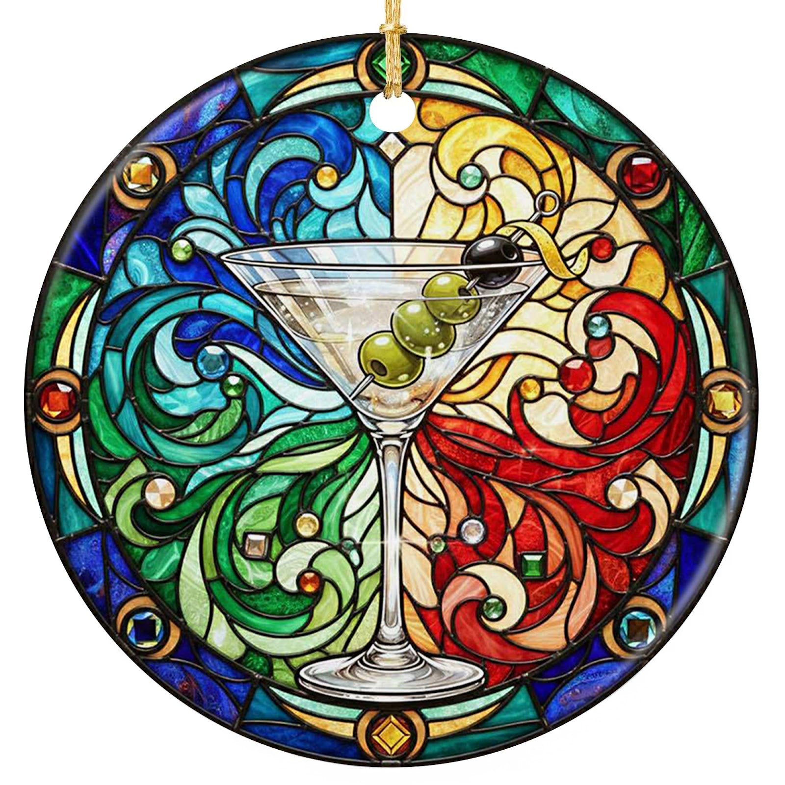 Olives and a Lemon Twist on a Jeweled Glass Mandala. Ceramic Keepsake for Cocktail Lovers and Bar Carts.