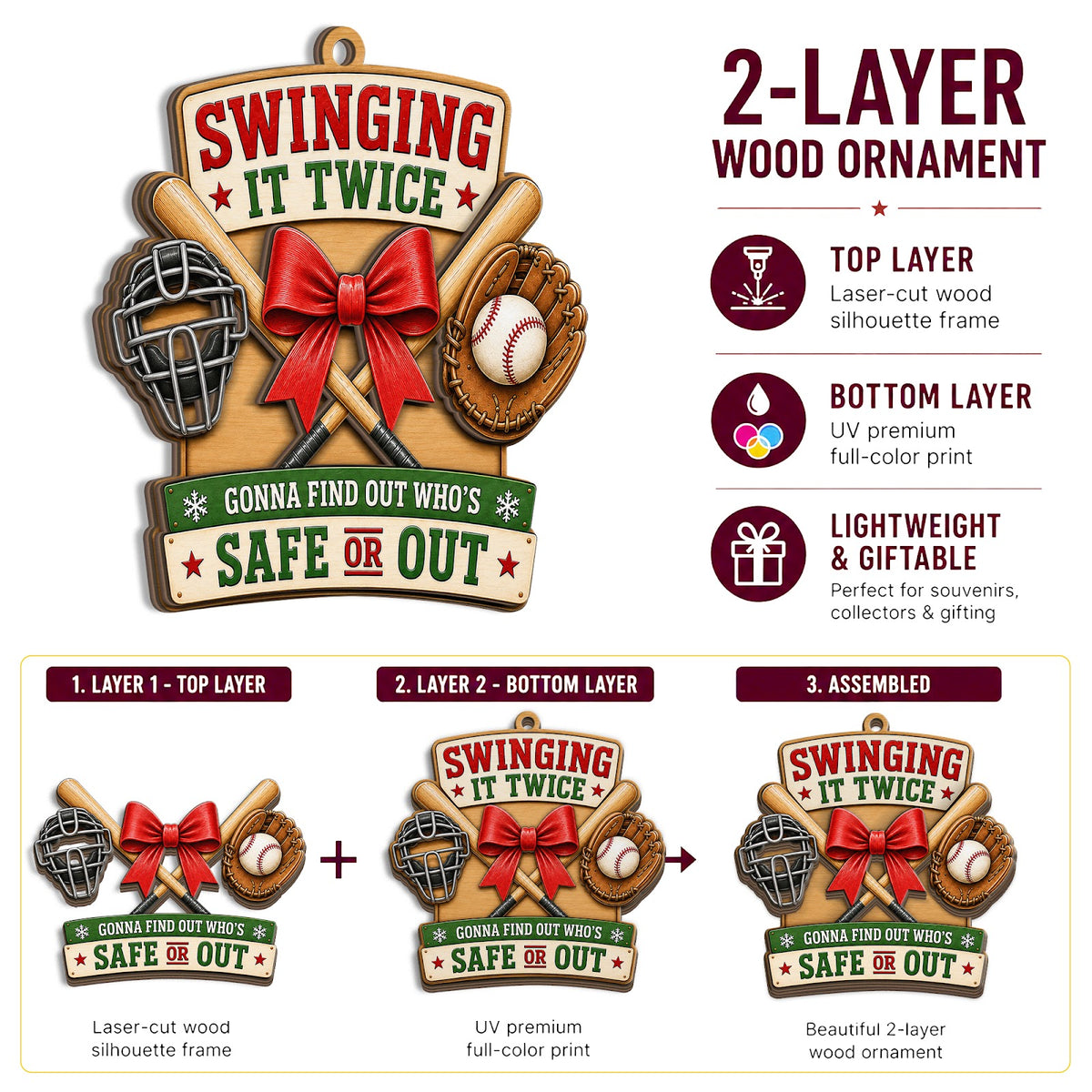 Baseball Crossed Bats Wood Christmas Ornament