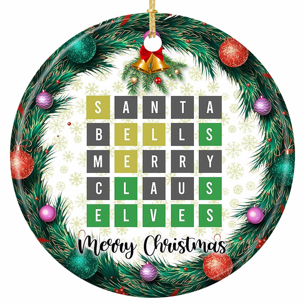 A Festive Word Grid Framed by a Pine Wreath With Glitter Baubles and Gold Bells. Ceramic Keepsake for Puzzlers.